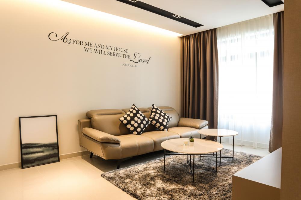 Contemporary Living Room with Homogeneous Tiles and Ceiling Light