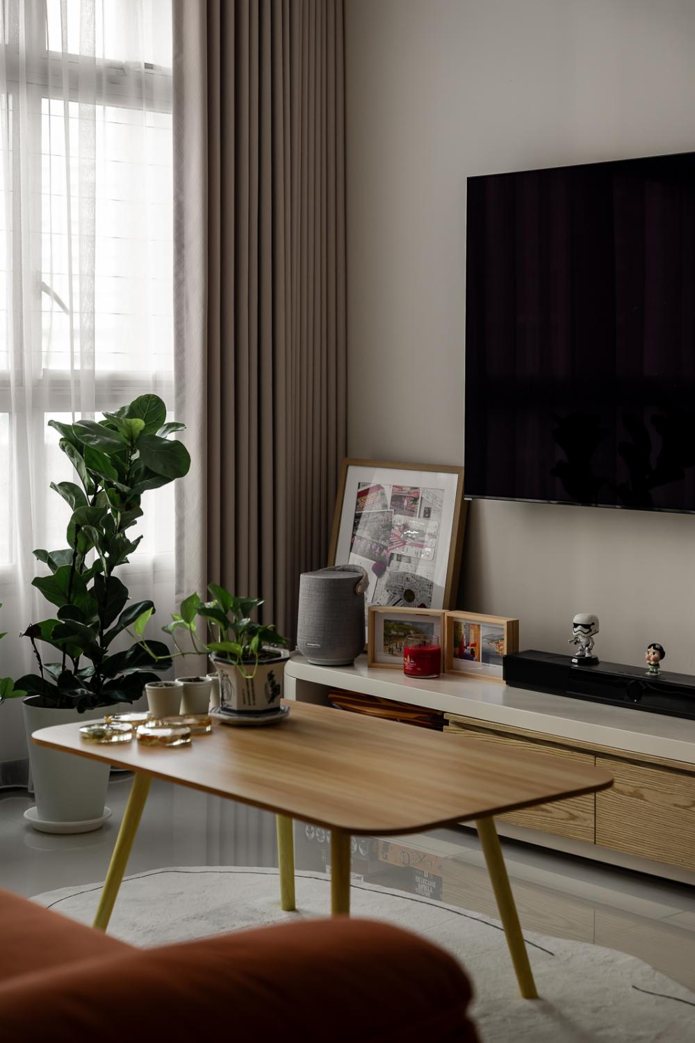 Modern Living Room with Homogeneous Tiles and TV Console