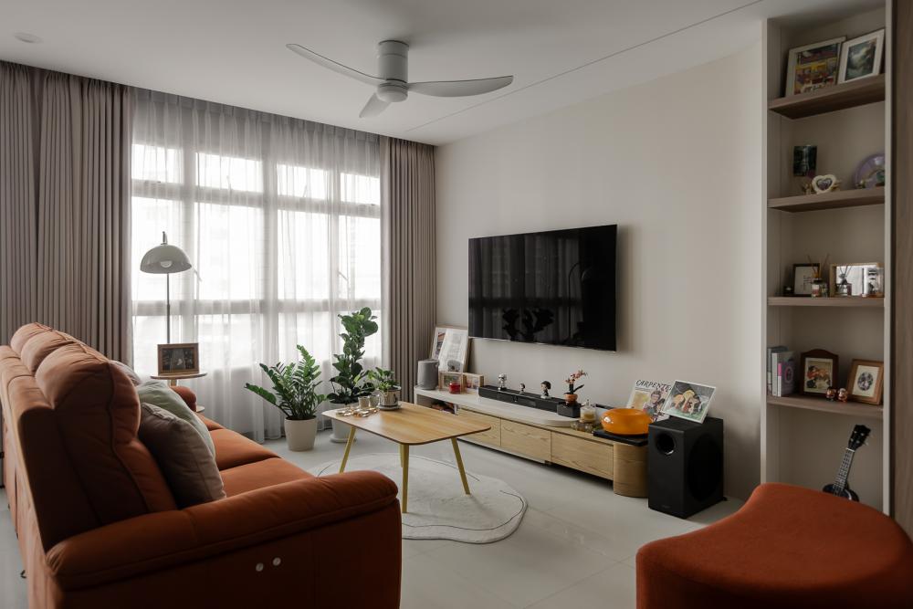 Modern Living Room with TV Console and Drop Ceiling