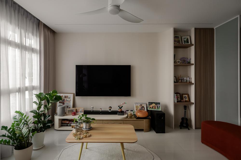 Modern Living Room with Homogeneous Tiles and TV Console