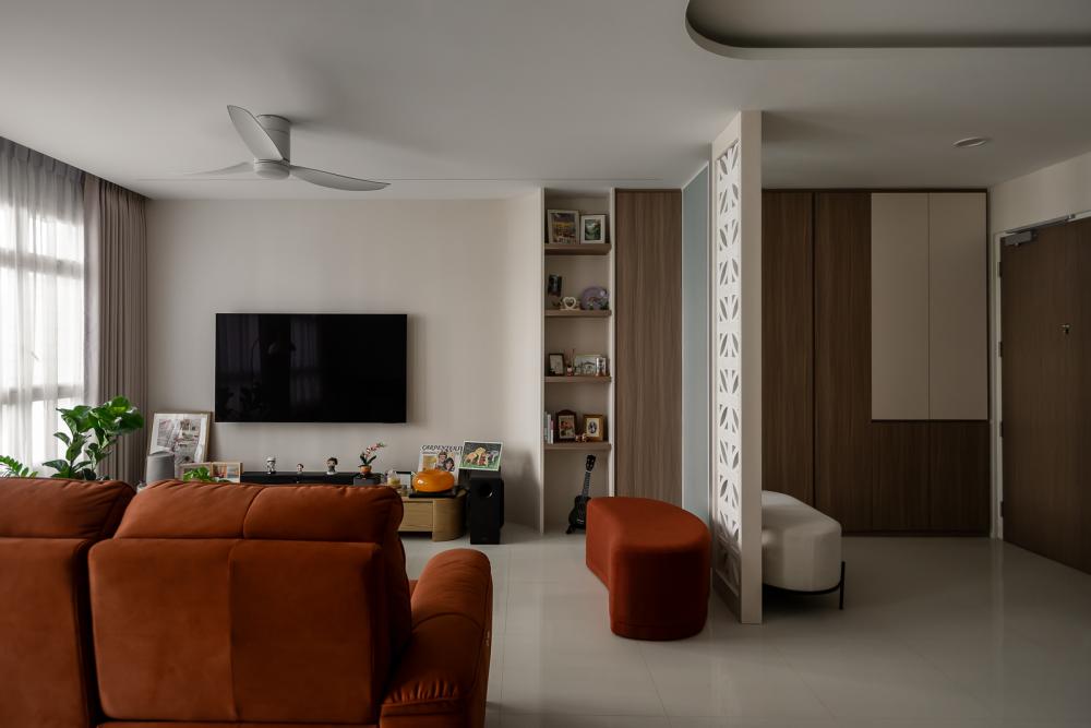 Modern Living Room with Homogeneous Tiles and Cove Lighting