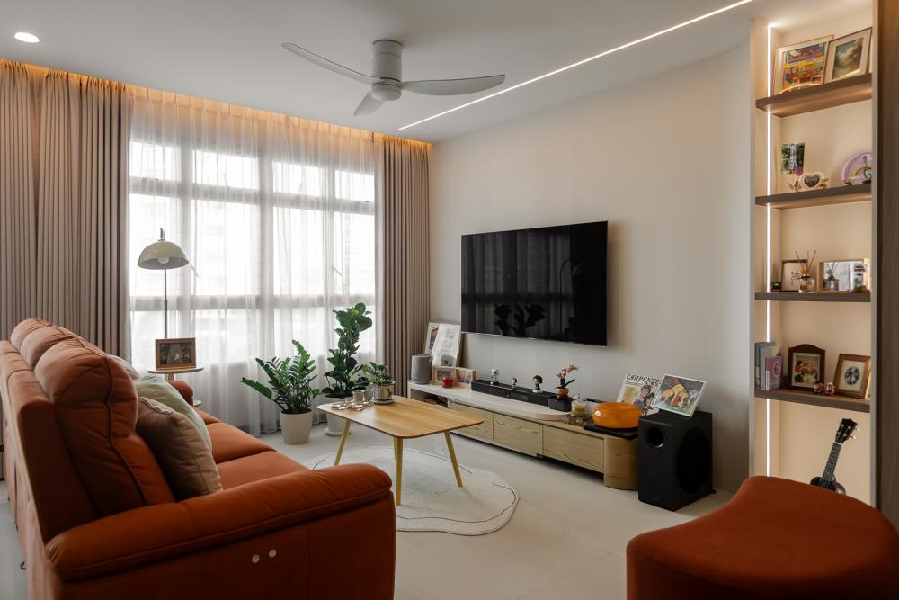 Modern Living Room with TV Console and Drop Ceiling