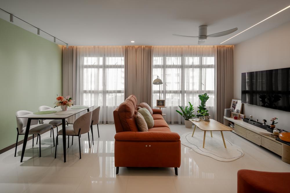 Modern Living Room with TV Console and Curtain