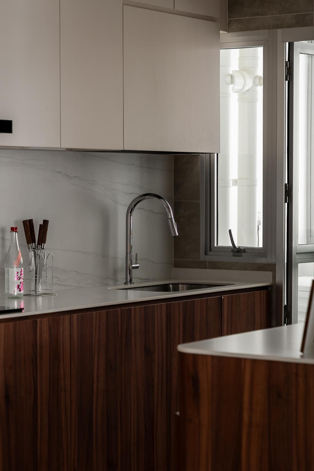 Modern Kitchen with Countertop and Herringbone Tiling