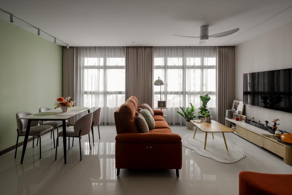 Modern Living Room with Feature Wall and Ceiling Fan