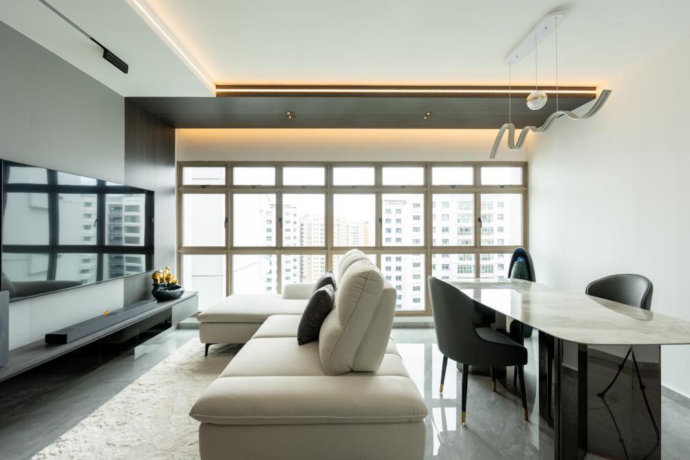 Modern Living Room with Marble Floor and Wood Flooring