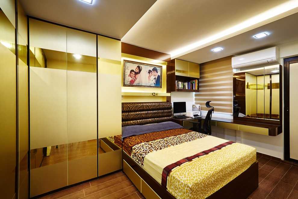 Contemporary Bedroom with Bay Window and Cove Lighting