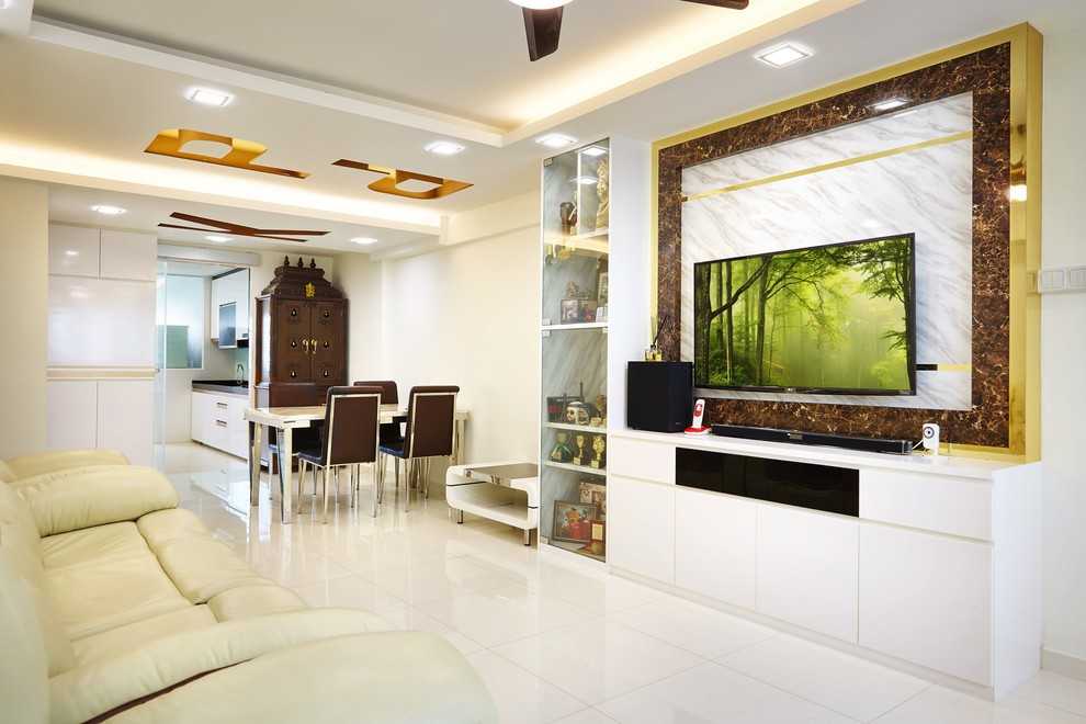 Contemporary Living Room with Homogeneous Tiles and TV Console