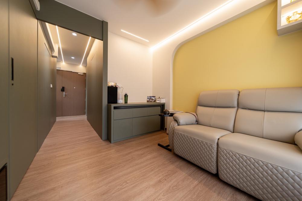 Contemporary Hallway with Bookshelf and Artwork