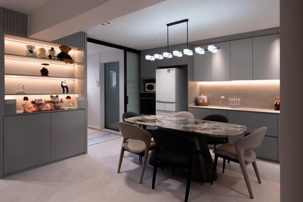 Contemporary Dining Room with Drop Light and Downlights