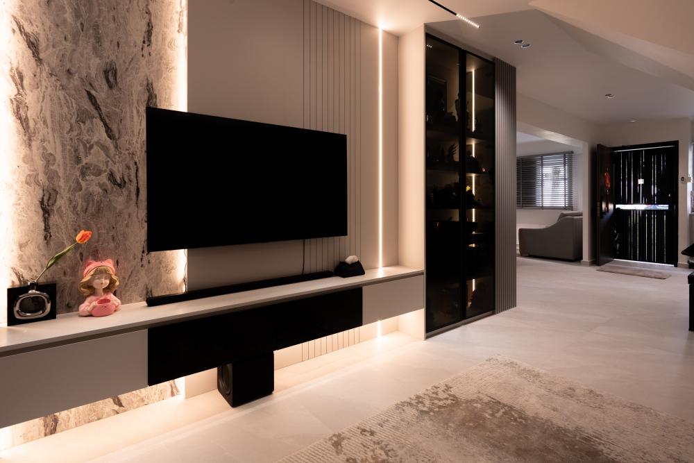 Contemporary Living Room with Wood Flooring and TV Console