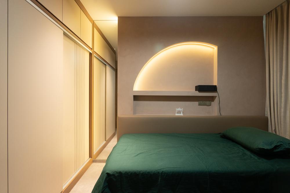 Modern Bedroom with Vinyl Flooring and Built-in Bed