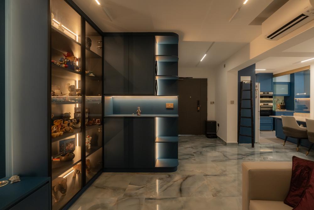 Contemporary Living Room with Homogeneous Tiles and TV Console