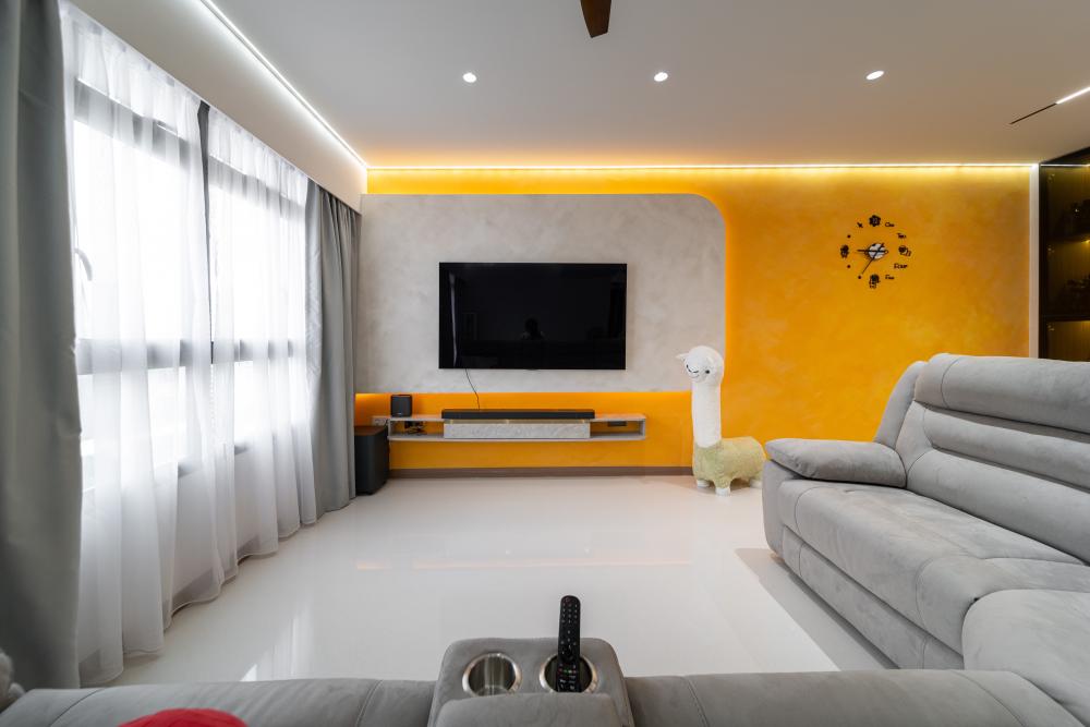 Eclectic Living Room with TV Console and Feature Wall