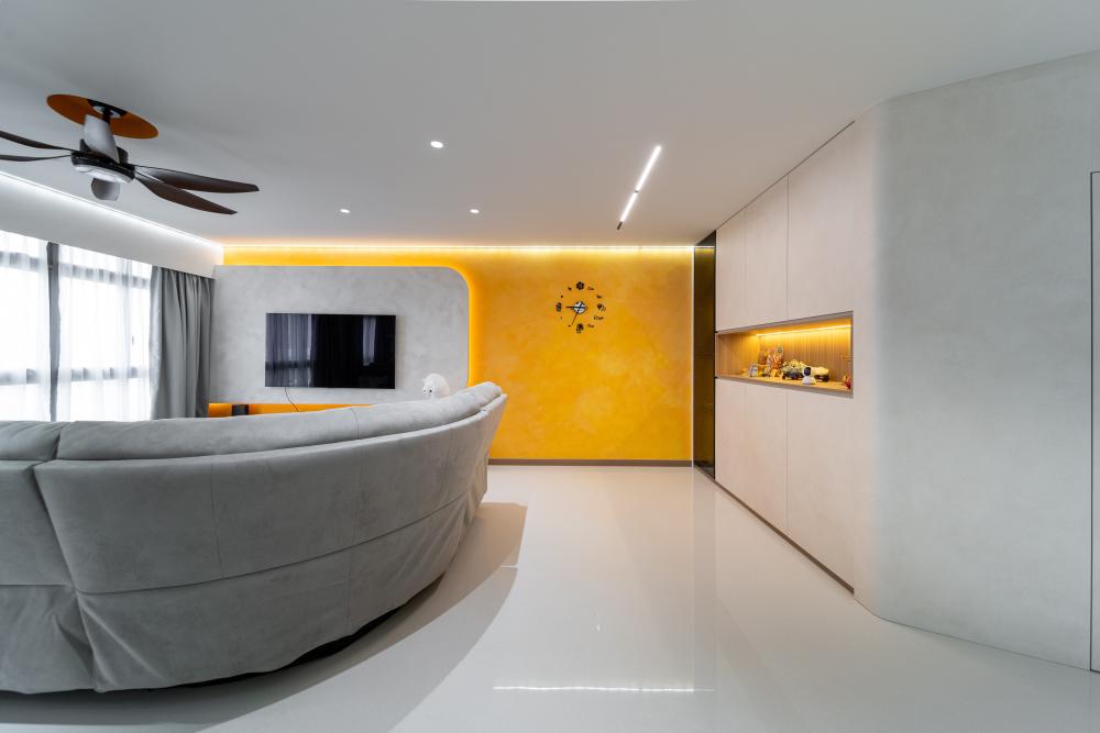 Eclectic Living Room with TV Console and Feature Wall