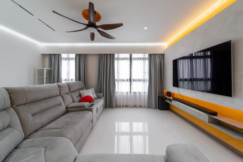 Eclectic Living Room with Homogeneous Tiles and TV Console