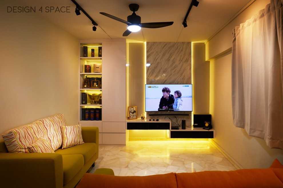 Asian Living Room with TV Console and Feature Wall