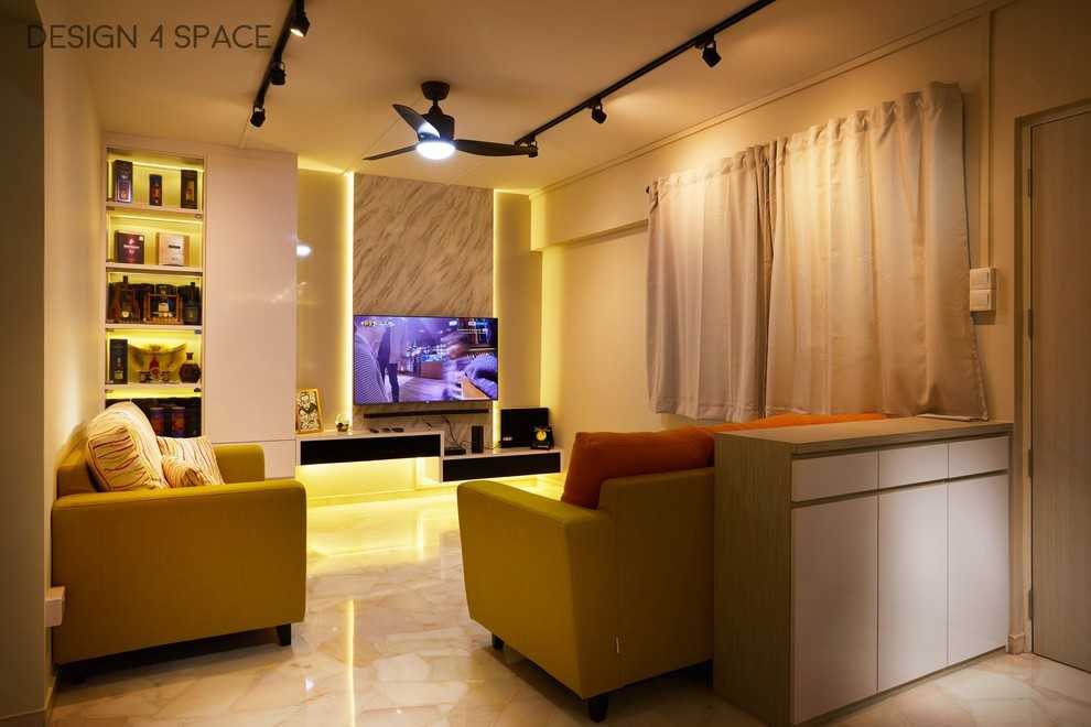Asian Living Room with TV Console and Feature Wall