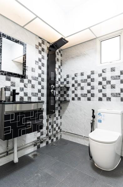 Asian Bathroom with Countertop and Homogeneous Tiles