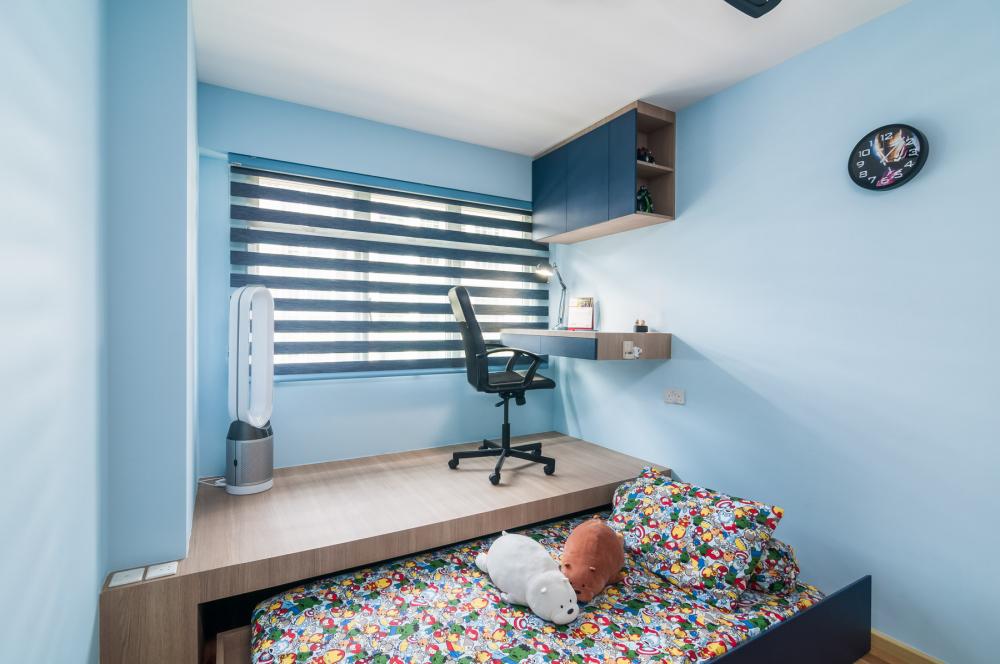 Eclectic Kids Room with Bookshelf and Platform Bed