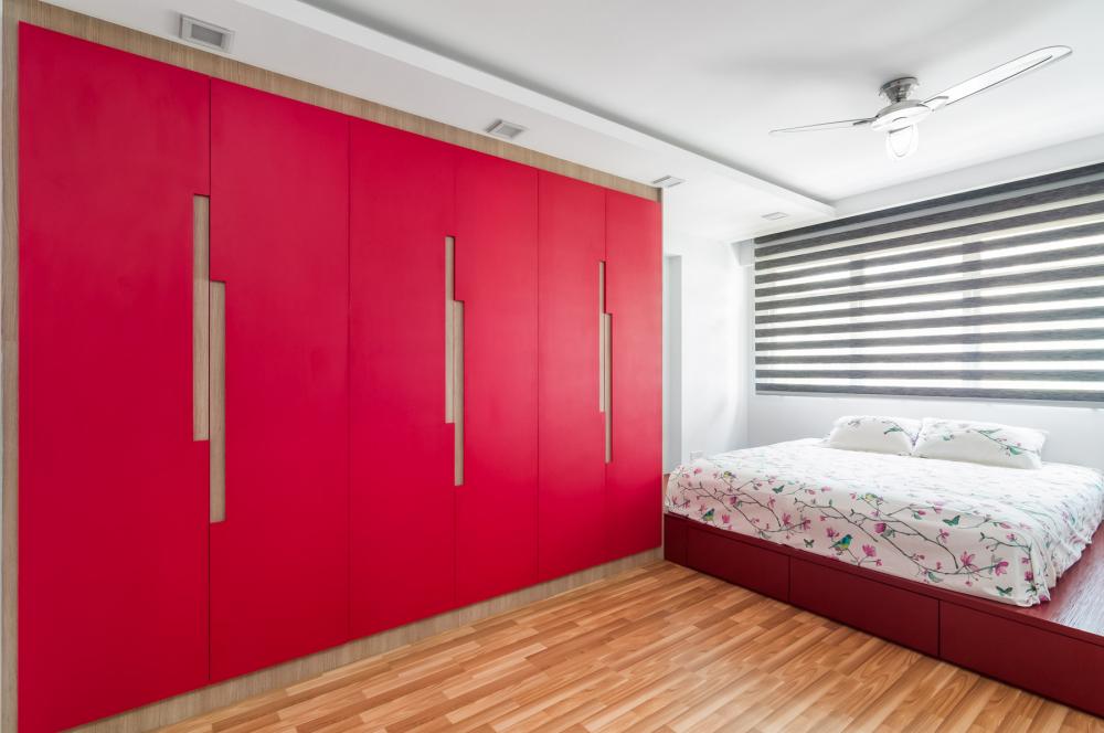 Eclectic Bedroom with Platform Bed and Parquet Floor