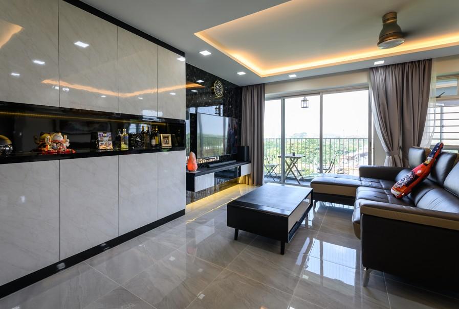 Modern Living Room with Homogeneous Tiles and TV Console