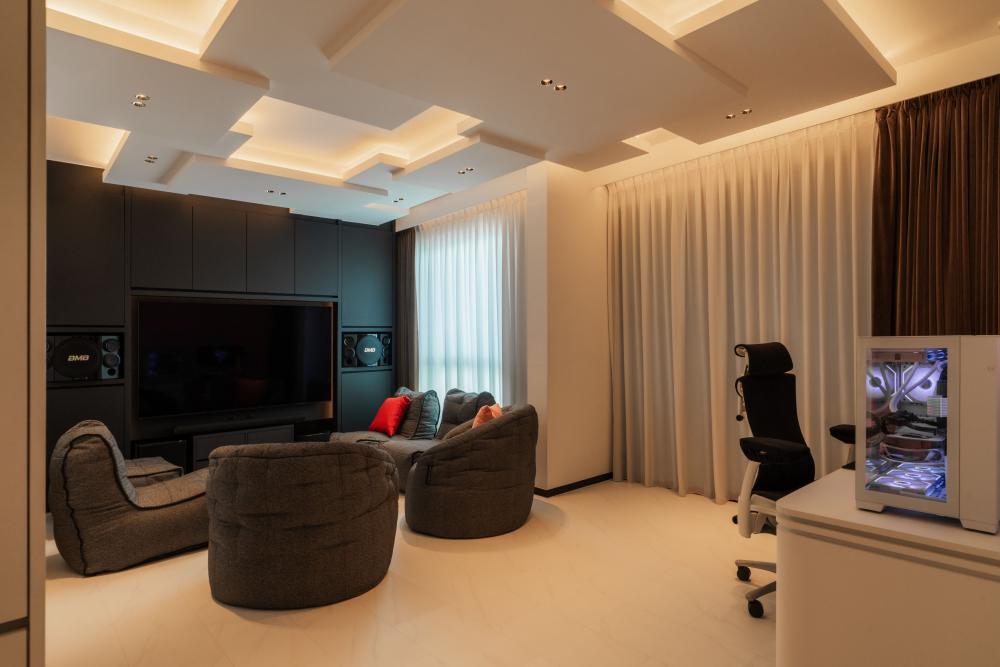 Contemporary Home Theatre with TV Console and Feature Wall
