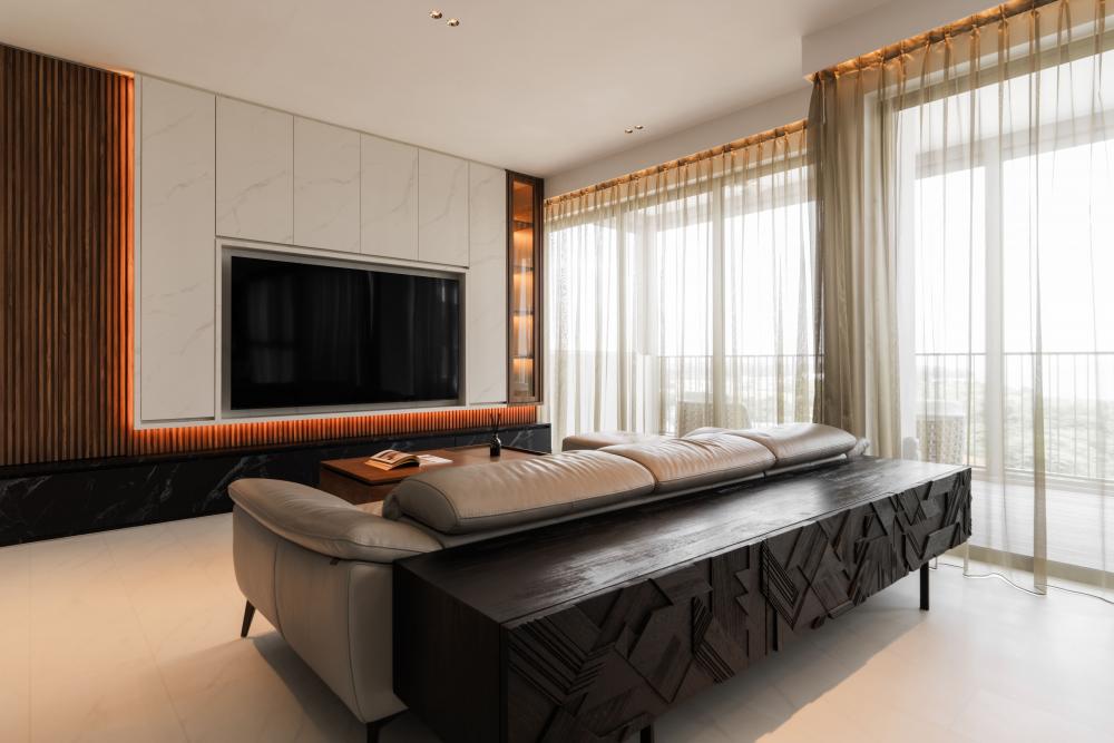 Contemporary Living Room with Feature Wall and Sideboard