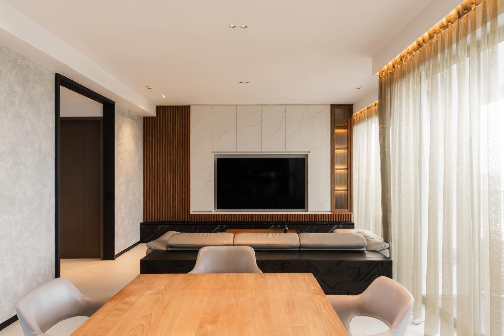 Contemporary Living Room with TV Console and Feature Wall
