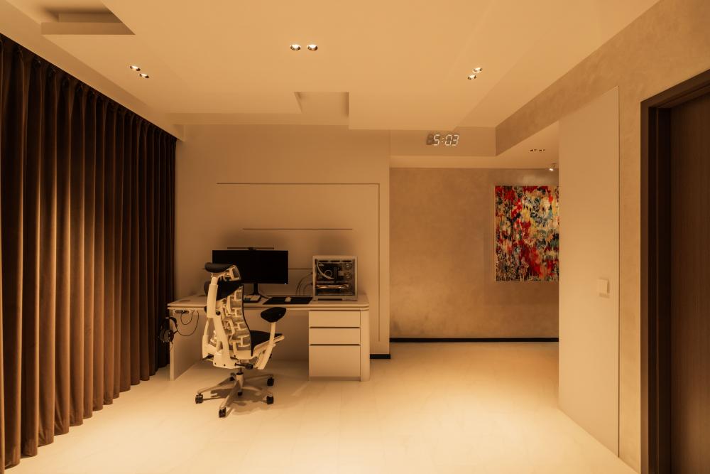 Contemporary Home Office with Feature Wall and Downlights