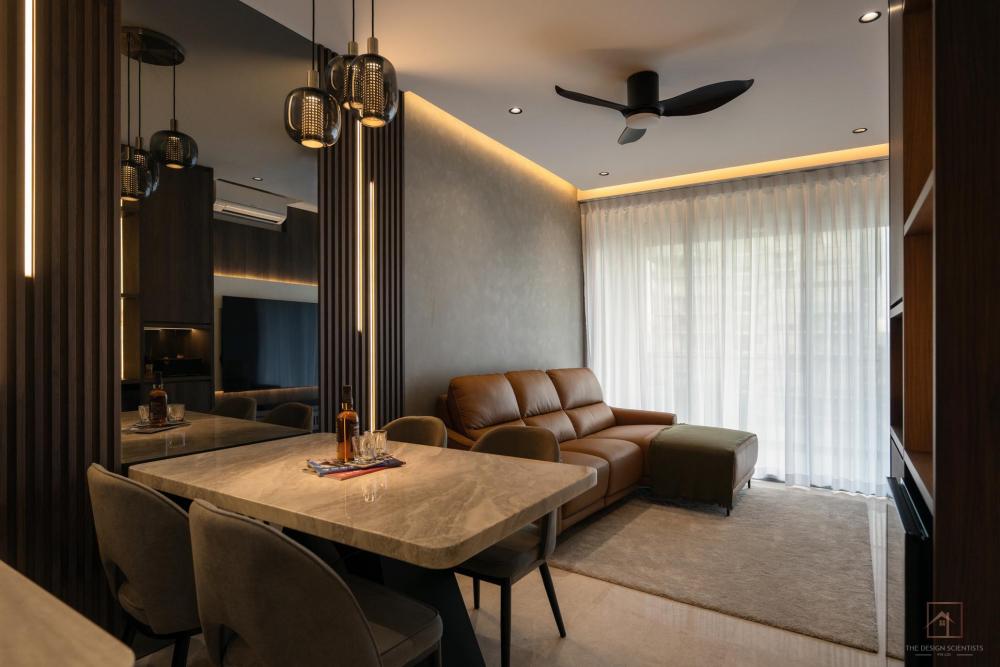 Contemporary Living Room with Marble Floor and Mirror