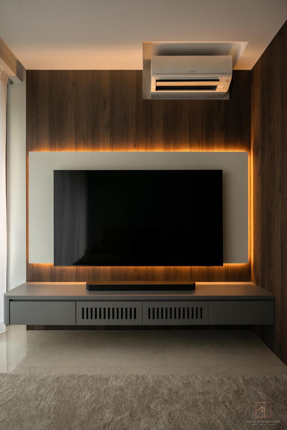 Contemporary Living Room with Marble Floor and Feature Wall