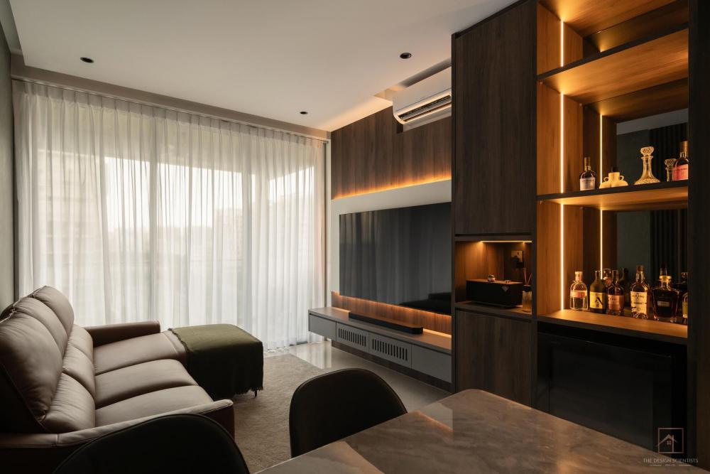 Contemporary Living Room with Bookshelf and Cove Lighting