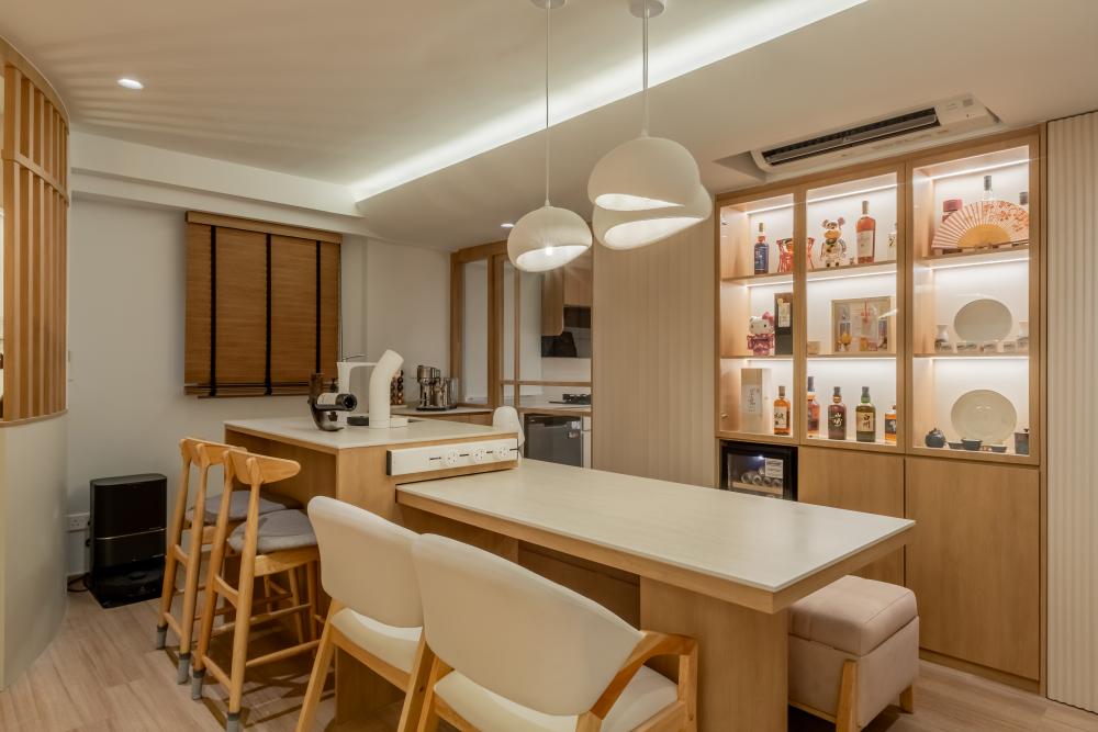 Asian Dining Room with Drop Light and Dining Table