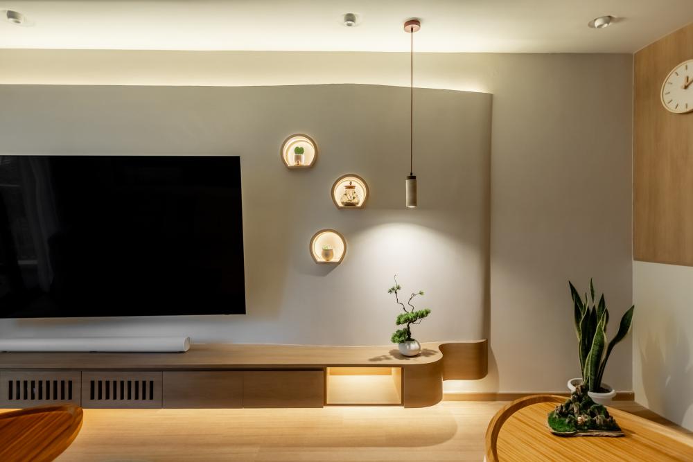 Asian Living Room with Vinyl Flooring and TV Console