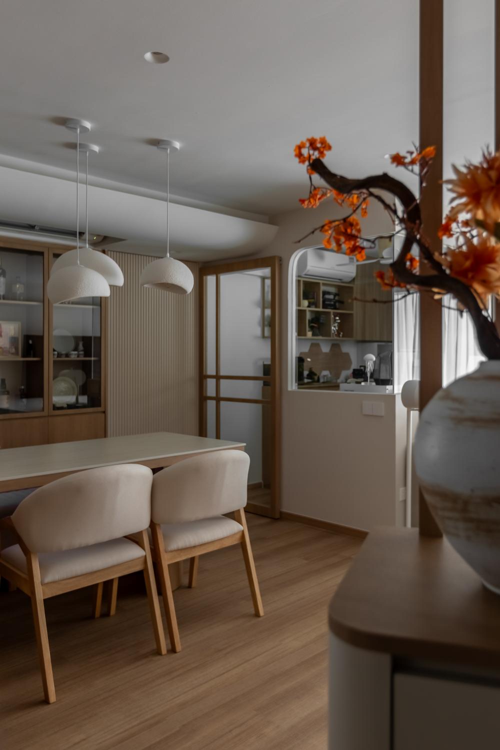 Asian Dining Room with Ceiling Light and Dining Table