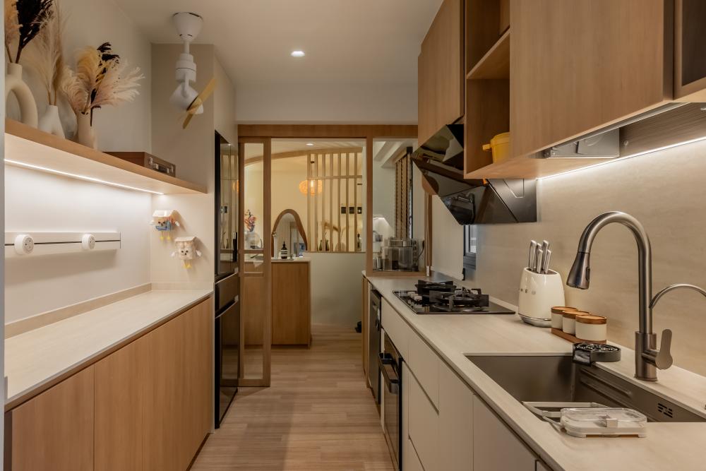 Asian Kitchen with Countertop and Vinyl Flooring