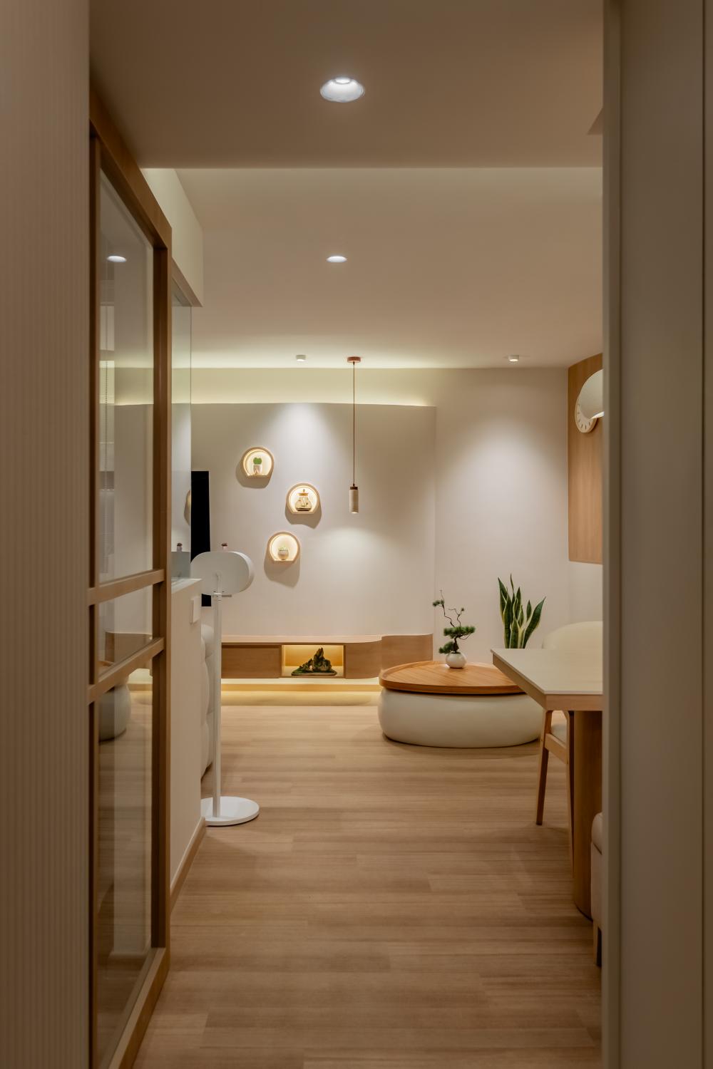 Asian Living Room with Vinyl Flooring and TV Console