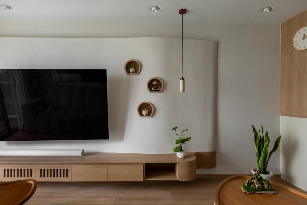 Asian Living Room with Vinyl Flooring and TV Console