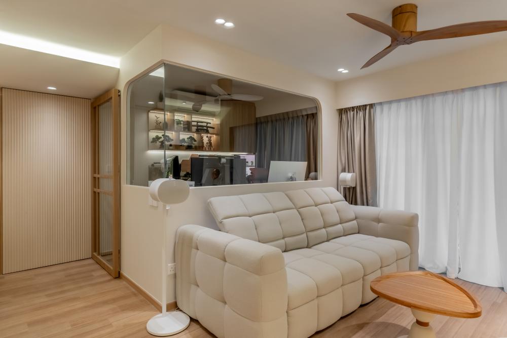 Asian Living Room with Vinyl Flooring and Ceiling Light