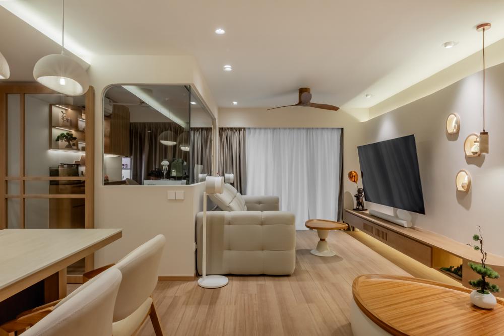 Asian Living Room with TV Console and Feature Wall
