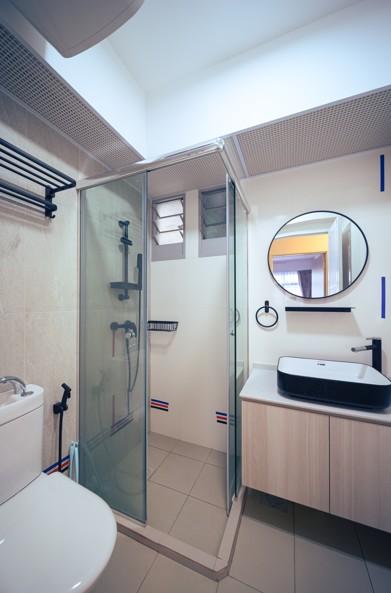Scandinavian Bathroom with Countertop and Homogeneous Tiles