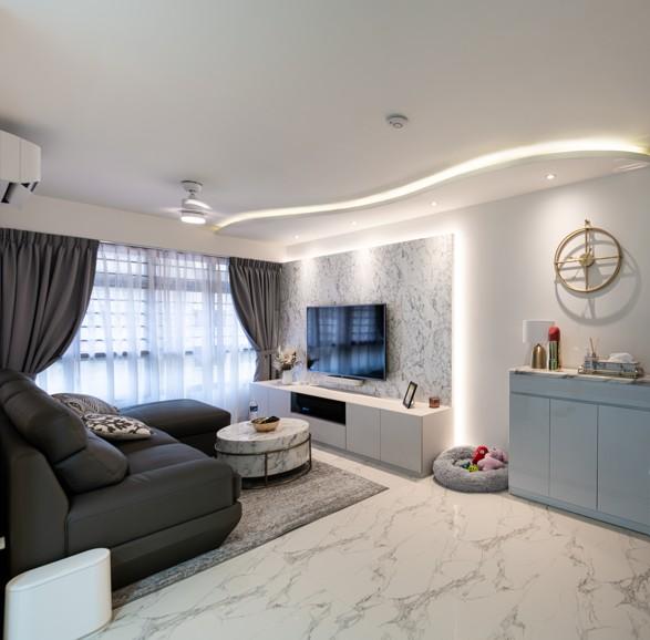 Modern Living Room with Homogeneous Tiles and TV Console