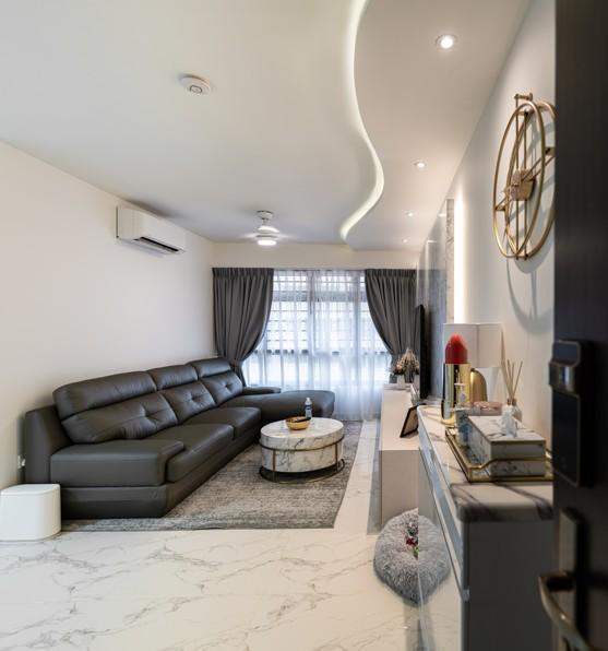Modern Living Room with Homogeneous Tiles and Marble Floor
