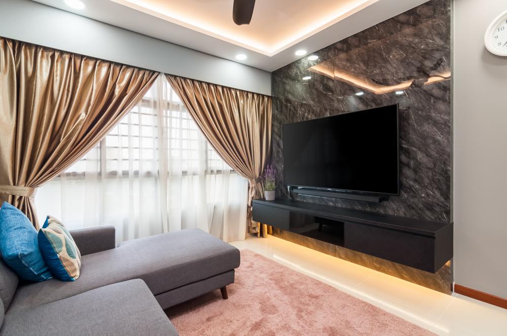 Modern Living Room with Countertop and Feature Wall
