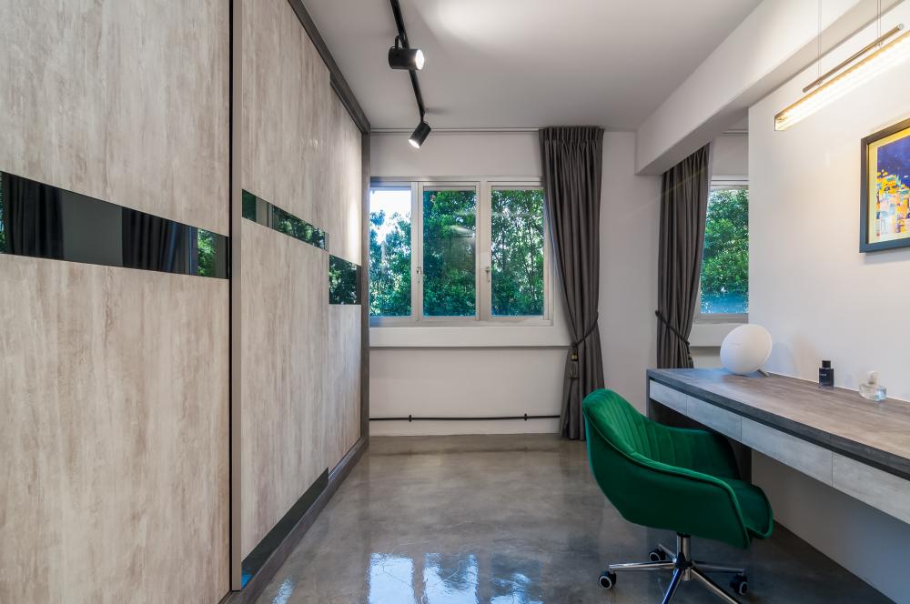 Industrial Bedroom with Cement Floor and Wardrobe