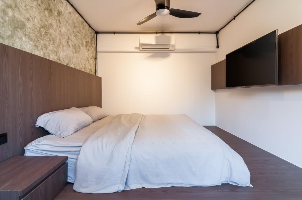 Industrial Bedroom with Platform Bed and Wardrobe