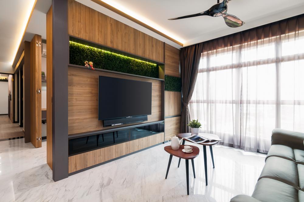 Contemporary Living Room with TV Console and Feature Wall