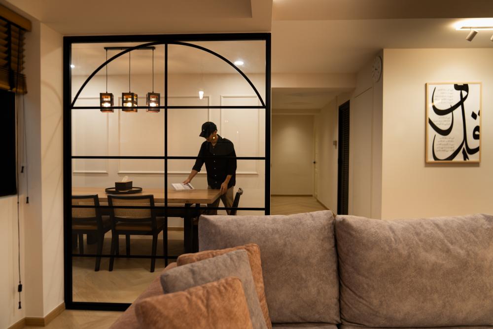 Scandinavian Dining Room with Drop Light and Dining Table