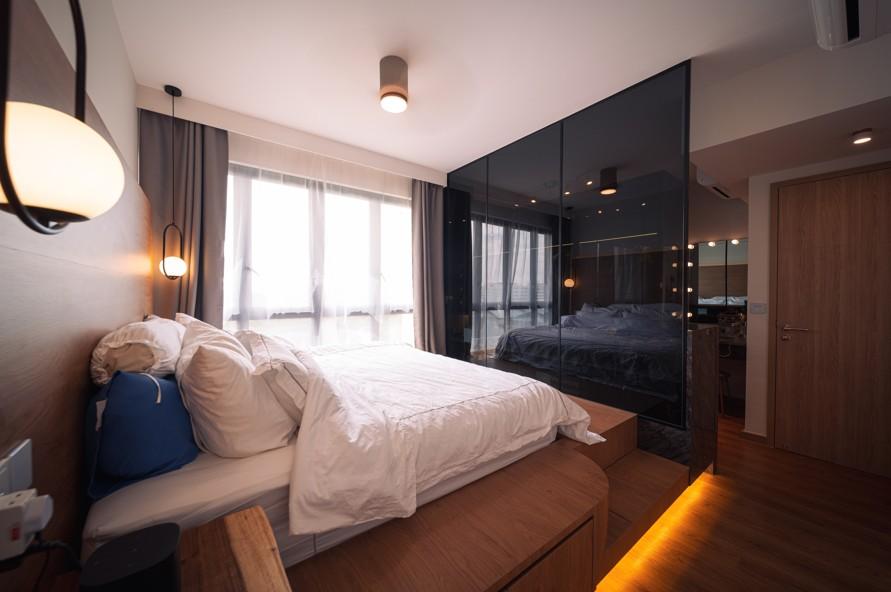 Modern Bedroom with Platform Bed and Vinyl Flooring